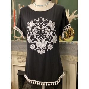 Angel + Premium Black Embroidered Pom Pom Trim Top‎ Womens Med Floral Bird Boho